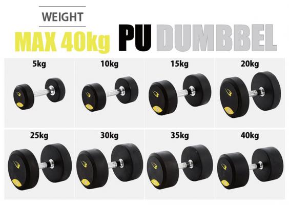 オシャレにジムを彩る５kg 刻みの重量固定式ダンベル「PU ダンベル」8 種類（5kg ～ 40kg） 揃えて販売開始。