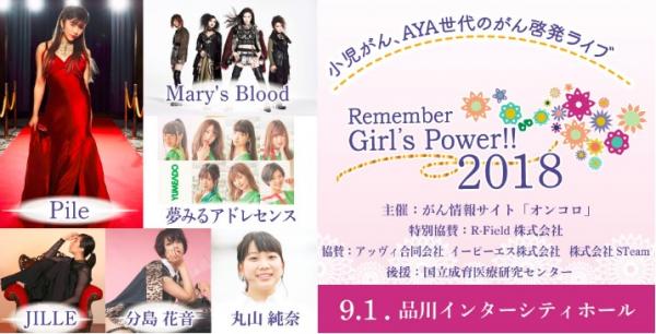 小児・AYA世代のがんの啓発・患者支援 チャリティーライブ オンコロ presents Remember Girl’s Power !!2018 チケット 一般発売開始　がん体験者・小中学生は無料招待