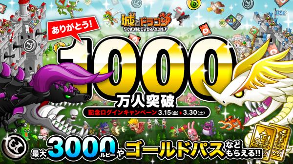 『城とドラゴン』で「1000万人突破記念ログインキャンペーン」3月15日（金）より開催！最大3000ルビーが手に入る！